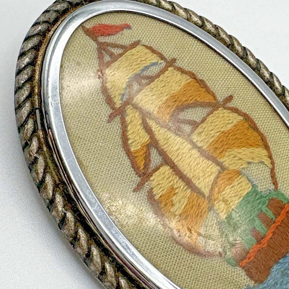 Vintage Nautical Brooch Cameo Hand Embroidered Under Lucite Ship Ocean
